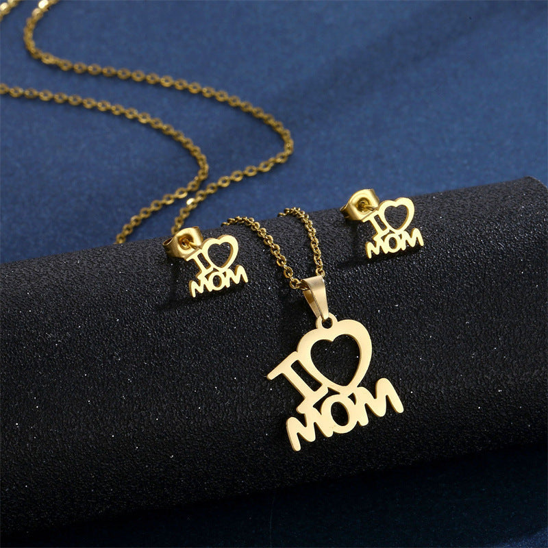 Mother’s Day Jewelry Set | Stainless Steel I Love Mom Heart Necklace & Earrings